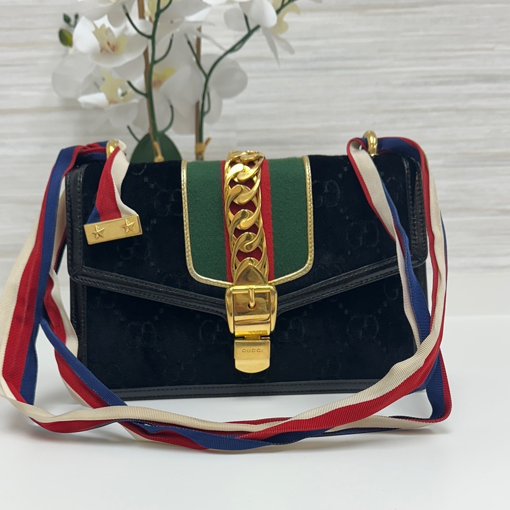 Gucci Black and Gold Crossbody Bag with Red and Green Accents